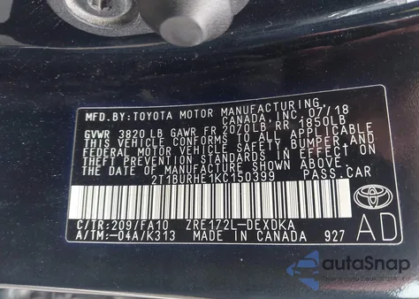 2019 Toyota Corolla L from USA, damaged, VIN 2T1BURHE1KC150399